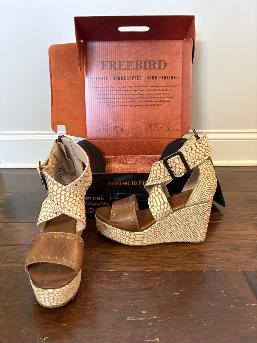 freebird Tan and Cream Snake-Print Wedge Sandals